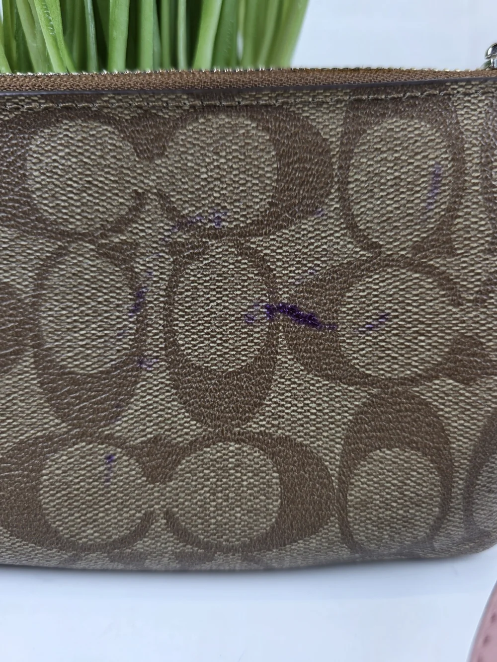 COACH Signature Pink Brown Canvas Wristlet Wallet Bag